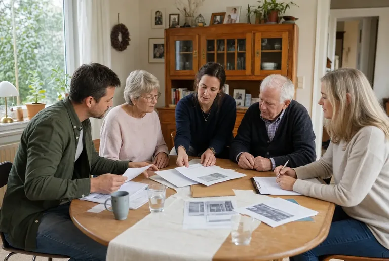 Pflegeaufgaben in der Familie verteilen Vier Angehörige verschiedener Generationen ordnen gemeinsam Pflegeunterlagen an einem Tisch.