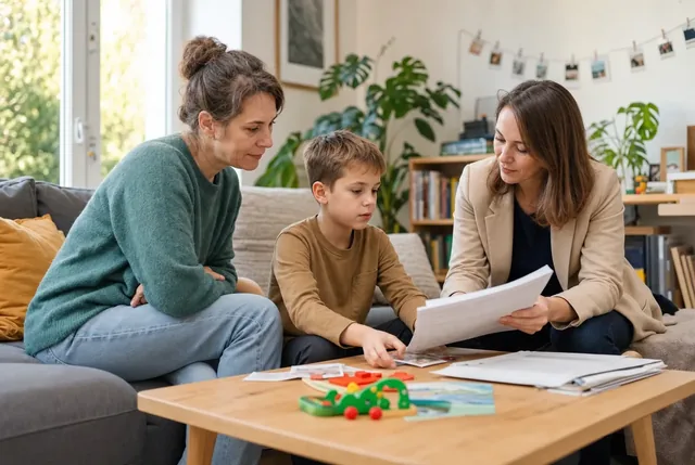 Ein Kind und seine Mutter besprechen mit einer Beraterin Unterlagen zur Pflege und Unterstützung.