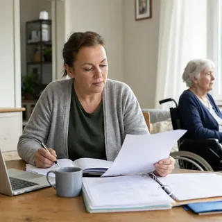 Eine pflegende Angehörige ordnet Unterlagen am Laptop, während die ältere Person in ihrer Nähe sitzt.
