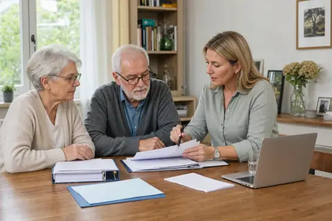 Anschubfinanzierung für eine Pflege-WG – Antrag „Anschubfinanzierung für eine Pflege-WG – Antrag“: Angehörige und eine ältere Person vergleichen Unterlagen zur stationären Pflege und deren Finanzierung.