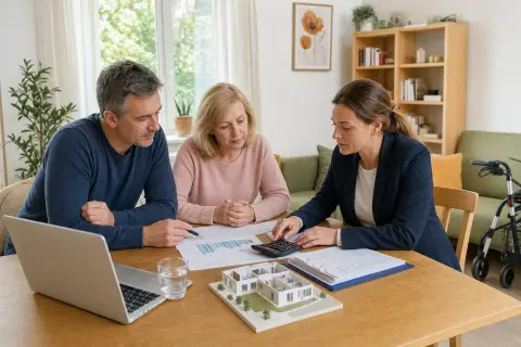 Anschubfinanzierung für eine Pflege-WG – Kosten „Anschubfinanzierung für eine Pflege-WG – Kosten“: Angehörige und eine ältere Person vergleichen Unterlagen zur stationären Pflege und deren Finanzierung.