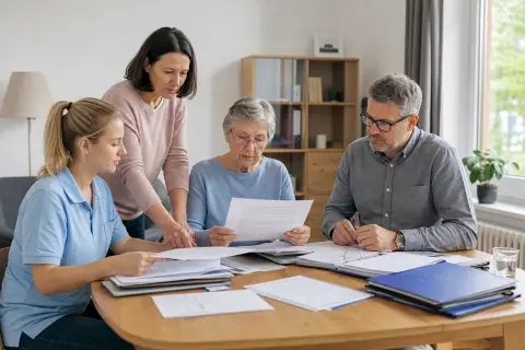 Anschubfinanzierung für eine Pflege-WG – Unterlagen „Anschubfinanzierung für eine Pflege-WG – Unterlagen“: Angehörige und eine ältere Person vergleichen Unterlagen zur stationären Pflege und deren Finanzierung.