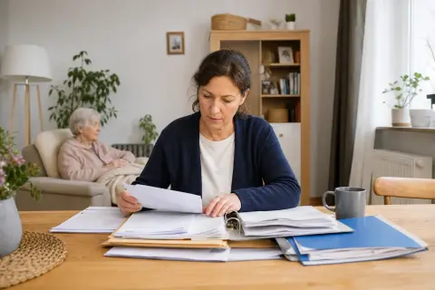„Arbeitslosenversicherung für Pflegepersonen – Unterlagen“: Eine pflegende Angehörige prüft Unterlagen zur Vereinbarkeit von Beruf, Absicherung und Pflege.
