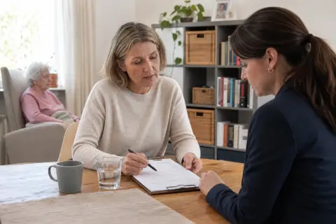 „Arbeitslosenversicherung für Pflegepersonen – Voraussetzungen“: Eine pflegende Angehörige prüft Unterlagen zur Vereinbarkeit von Beruf, Absicherung und Pflege.