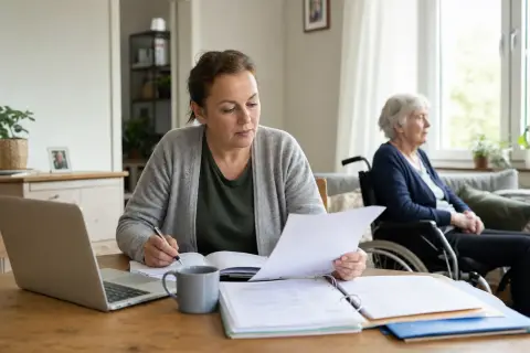 „Arbeitslosenversicherung für Pflegepersonen – Antrag“: Eine pflegende Angehörige prüft Unterlagen zur Vereinbarkeit von Beruf, Absicherung und Pflege.