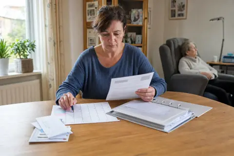 „Arbeitslosenversicherung für Pflegepersonen – Fristen“: Eine pflegende Angehörige prüft Unterlagen zur Vereinbarkeit von Beruf, Absicherung und Pflege.