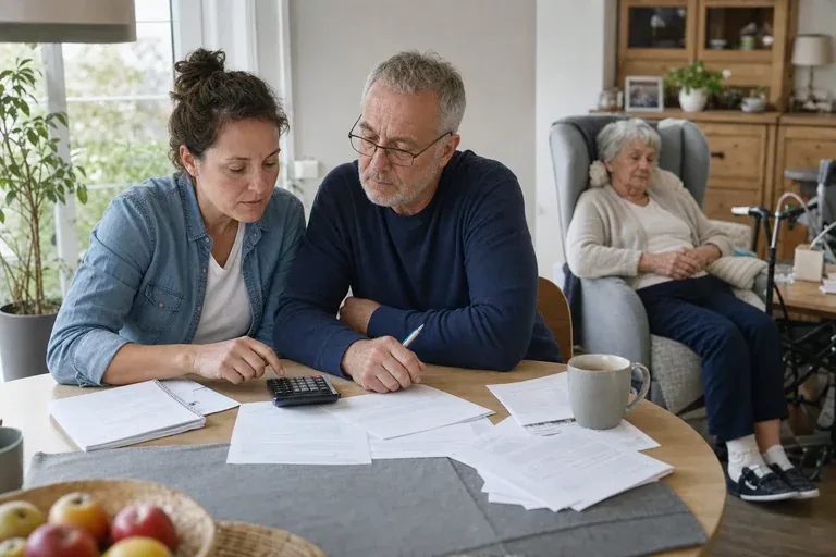 Arbeitslosenversicherung für Pflegepersonen – Kosten „Arbeitslosenversicherung für Pflegepersonen – Kosten“: Eine pflegende Angehörige prüft Unterlagen zur Vereinbarkeit von Beruf, Absicherung und Pflege.