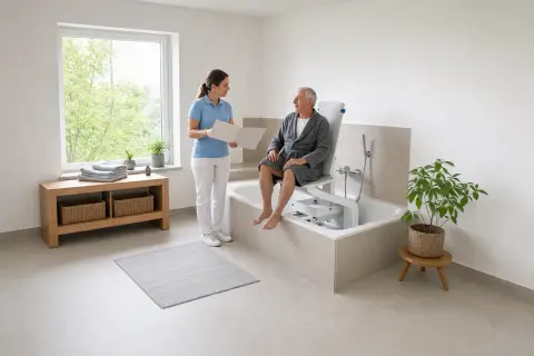 „Badewannenlifter – Antrag“: Eine Pflegefachperson erklärt einer pflegebedürftigen Person ein Hilfsmittel im barrierearmen Badezimmer.
