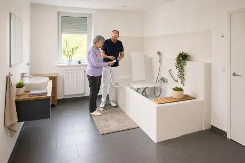 „Badewannenlifter – Voraussetzungen“: Eine Pflegefachperson erklärt einer pflegebedürftigen Person ein Hilfsmittel im barrierearmen Badezimmer.