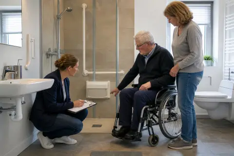 Barrierefreies Bad – Voraussetzungen „Barrierefreies Bad – Voraussetzungen“: Eine Pflegefachperson erklärt einer pflegebedürftigen Person ein Hilfsmittel im barrierearmen Badezimmer.