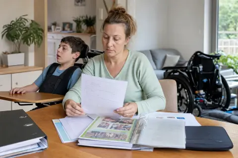 „Pflegebegutachtung bei Kindern – Antrag“: Eltern und eine Fachberaterin besprechen zu Hause die Unterstützung eines pflegebedürftigen Kindes.