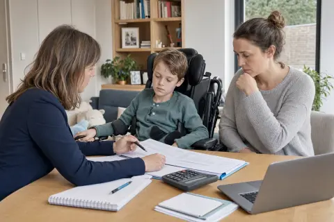 „Pflegebegutachtung bei Kindern – Kosten“: Eltern und eine Fachberaterin besprechen zu Hause die Unterstützung eines pflegebedürftigen Kindes.
