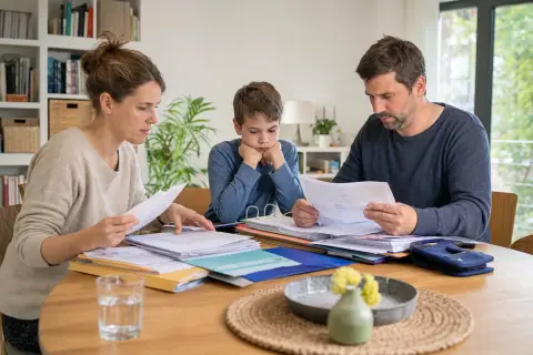 „Pflegebegutachtung bei Kindern – Unterlagen“: Eltern und eine Fachberaterin besprechen zu Hause die Unterstützung eines pflegebedürftigen Kindes.