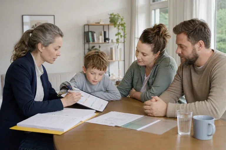 Pflegebegutachtung bei Kindern – Voraussetzungen „Pflegebegutachtung bei Kindern – Voraussetzungen“: Eltern und eine Fachberaterin besprechen zu Hause die Unterstützung eines pflegebedürftigen Kindes.