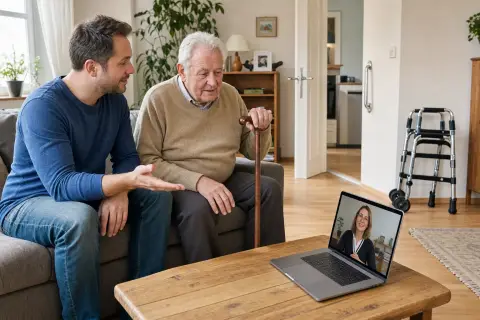 Pflegebegutachtung per Videotelefonie – Voraussetzungen „Pflegebegutachtung per Videotelefonie – Voraussetzungen“: Eine Angehörige und eine pflegebedürftige Person prüfen gemeinsam Pflegeunterlagen an einem Tisch.