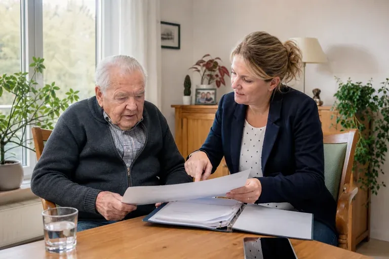 Beratungsbesuch bei Pflegegeld: Fristen und Ablauf „Beratungsbesuch bei Pflegegeld: Fristen und Ablauf“: Angehörige und eine pflegebedürftige Person besprechen gemeinsam die Organisation des Pflegealltags.