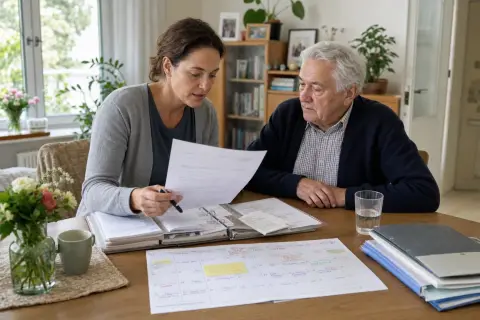 „Alltag mit Demenz organisieren – Fristen“: Eine Angehörige bespricht mit einer älteren Person wichtige Unterlagen und Entscheidungen für den Pflegealltag.