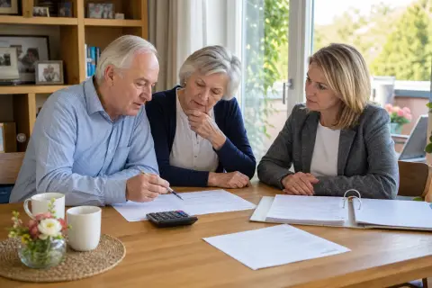 „Alltag mit Demenz organisieren – Kosten“: Eine Angehörige bespricht mit einer älteren Person wichtige Unterlagen und Entscheidungen für den Pflegealltag.
