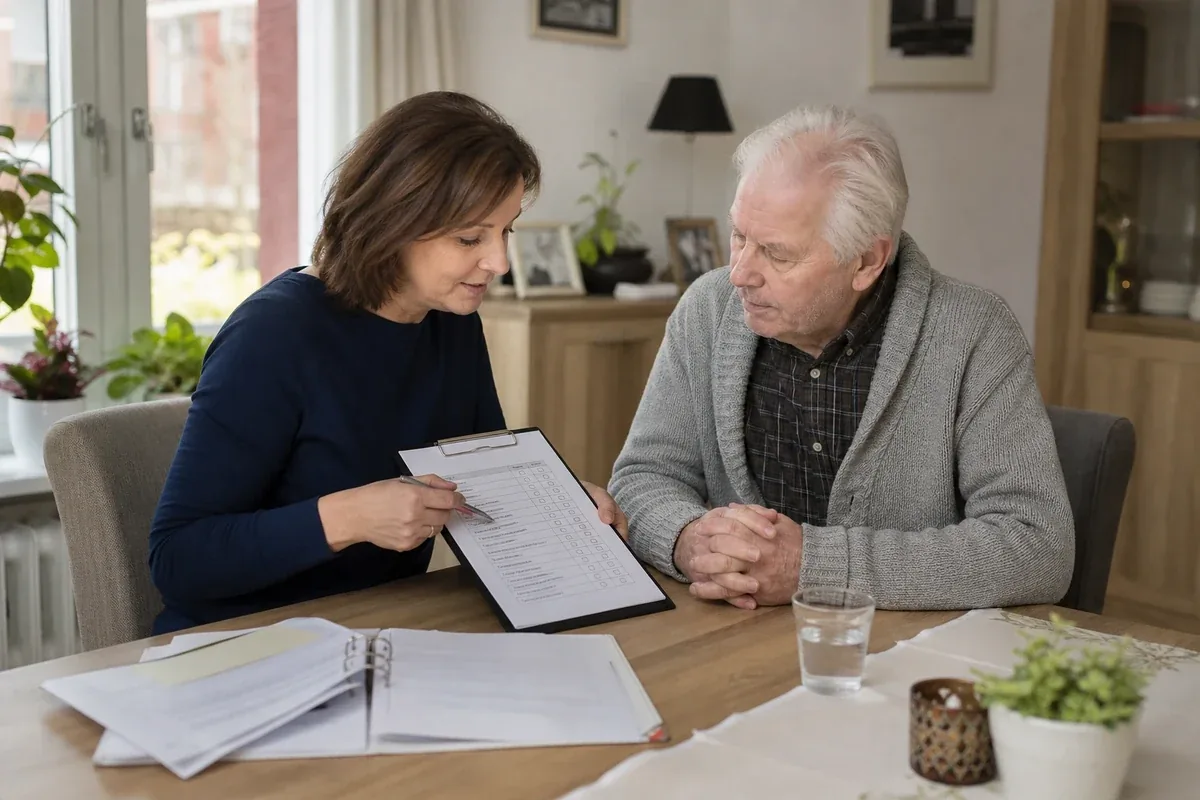 „Alltag mit Demenz organisieren – Voraussetzungen“: Eine Angehörige bespricht mit einer älteren Person wichtige Unterlagen und Entscheidungen für den Pflegealltag.