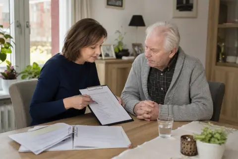 „Alltag mit Demenz organisieren – Voraussetzungen“: Eine Angehörige bespricht mit einer älteren Person wichtige Unterlagen und Entscheidungen für den Pflegealltag.