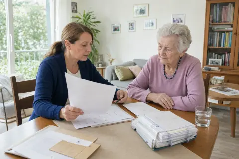 „Demenzberatung – Fristen“: Eine Angehörige bespricht mit einer älteren Person wichtige Unterlagen und Entscheidungen für den Pflegealltag.