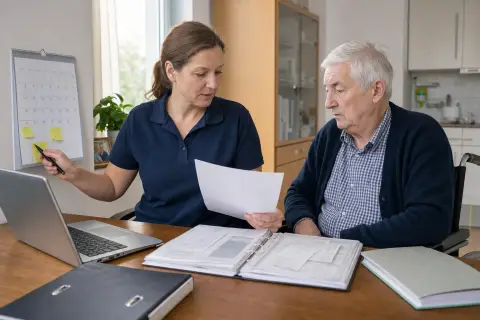 Digitale Pflegeanwendungen – Fristen „Digitale Pflegeanwendungen – Fristen“: Eine Angehörige und eine pflegebedürftige Person prüfen gemeinsam Pflegeunterlagen an einem Tisch.