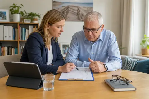 Digitale Pflegeanwendungen – Voraussetzungen „Digitale Pflegeanwendungen – Voraussetzungen“: Eine Angehörige und eine pflegebedürftige Person prüfen gemeinsam Pflegeunterlagen an einem Tisch.