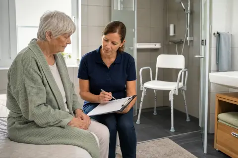 Duschstuhl – Voraussetzungen „Duschstuhl – Voraussetzungen“: Eine Pflegefachperson erklärt einer pflegebedürftigen Person ein Hilfsmittel im barrierearmen Badezimmer.