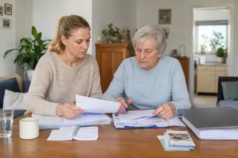 Eilantrag auf Pflegegrad – Unterlagen „Eilantrag auf Pflegegrad – Unterlagen“: Eine Angehörige und eine pflegebedürftige Person prüfen gemeinsam Pflegeunterlagen an einem Tisch.