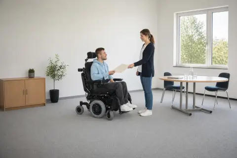 Eingliederungshilfe – Antrag „Eingliederungshilfe – Antrag“: Eine Angehörige und eine pflegebedürftige Person prüfen gemeinsam Pflegeunterlagen an einem Tisch.