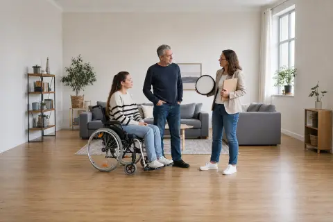 Eingliederungshilfe – Fristen „Eingliederungshilfe – Fristen“: Eine Angehörige und eine pflegebedürftige Person prüfen gemeinsam Pflegeunterlagen an einem Tisch.