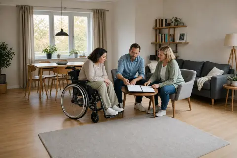 Eingliederungshilfe und Pflegeleistungen zusammendenken „Eingliederungshilfe und Pflegeleistungen zusammendenken“: Angehörige und eine pflegebedürftige Person besprechen gemeinsam die Organisation des Pflegealltags.