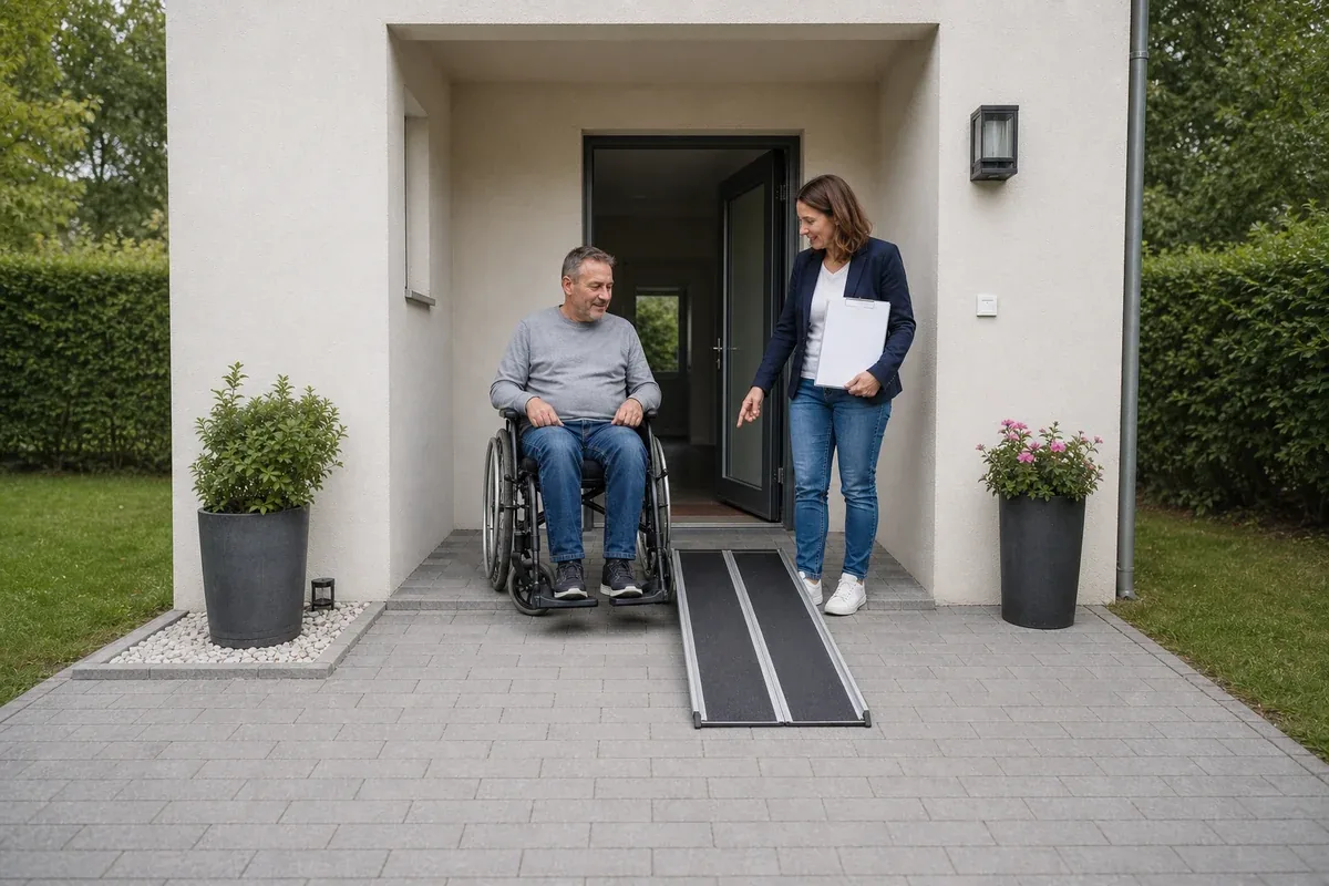 Eingliederungshilfe – Voraussetzungen „Eingliederungshilfe – Voraussetzungen“: Eine Angehörige und eine pflegebedürftige Person prüfen gemeinsam Pflegeunterlagen an einem Tisch.