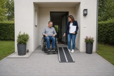 Eingliederungshilfe – Voraussetzungen „Eingliederungshilfe – Voraussetzungen“: Eine Angehörige und eine pflegebedürftige Person prüfen gemeinsam Pflegeunterlagen an einem Tisch.