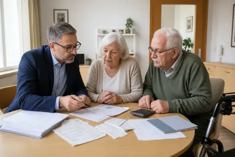„Einrichtungseinheitlicher Eigenanteil – Kosten“: Angehörige und eine ältere Person vergleichen Unterlagen zur stationären Pflege und deren Finanzierung.