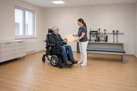 Elektrorollstuhl – Antrag „Elektrorollstuhl – Antrag“: Eine Pflegefachperson und eine pflegebedürftige Person besprechen gemeinsam eine Mobilitätshilfe.