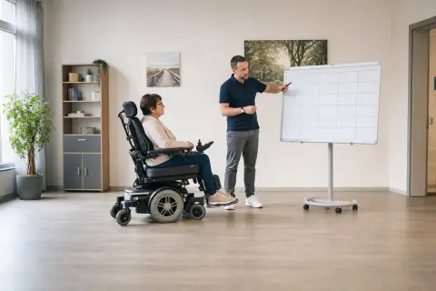 Elektrorollstuhl – Fristen „Elektrorollstuhl – Fristen“: Eine Pflegefachperson und eine pflegebedürftige Person besprechen gemeinsam eine Mobilitätshilfe.