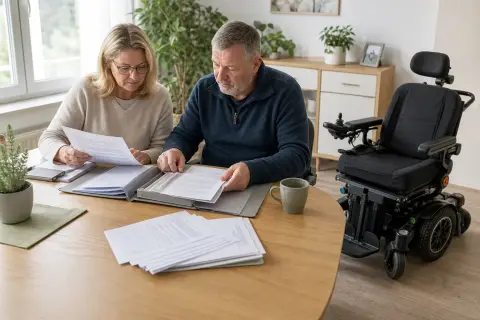 Elektrorollstuhl – Unterlagen „Elektrorollstuhl – Unterlagen“: Eine Pflegefachperson und eine pflegebedürftige Person besprechen gemeinsam eine Mobilitätshilfe.