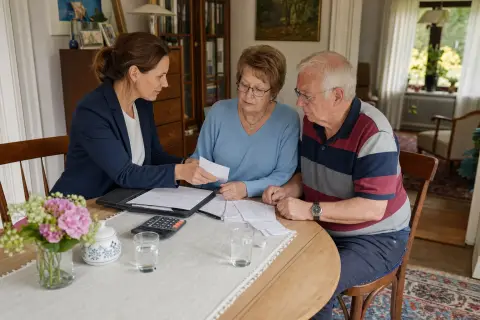 „Entlastungsbetrag – Voraussetzungen“: Eine Angehörige und eine pflegebedürftige Person prüfen gemeinsam Pflegeunterlagen an einem Tisch.