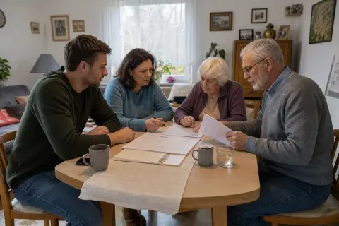 Pflegeaufgaben in der Familie – Fristen „Pflegeaufgaben in der Familie – Fristen“: Eine Angehörige und eine pflegebedürftige Person prüfen gemeinsam Pflegeunterlagen an einem Tisch.