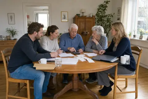 Pflegeaufgaben in der Familie – Kosten „Pflegeaufgaben in der Familie – Kosten“: Eine Angehörige und eine pflegebedürftige Person prüfen gemeinsam Pflegeunterlagen an einem Tisch.