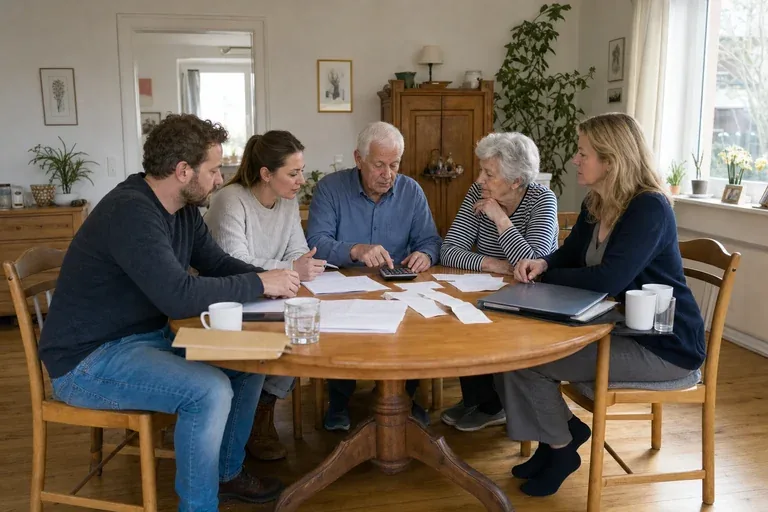 Pflegeaufgaben in der Familie – Kosten „Pflegeaufgaben in der Familie – Kosten“: Eine Angehörige und eine pflegebedürftige Person prüfen gemeinsam Pflegeunterlagen an einem Tisch.