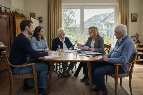 „Pflegeaufgaben in der Familie – Voraussetzungen“: Eine Angehörige und eine pflegebedürftige Person prüfen gemeinsam Pflegeunterlagen an einem Tisch.