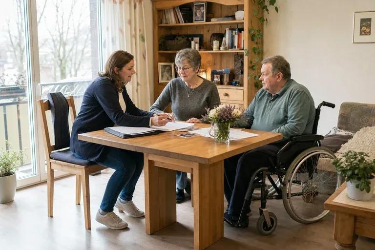Familienentlastender Dienst – Antrag „Familienentlastender Dienst – Antrag“: Eltern und eine Fachberaterin besprechen zu Hause die Unterstützung eines pflegebedürftigen Kindes.