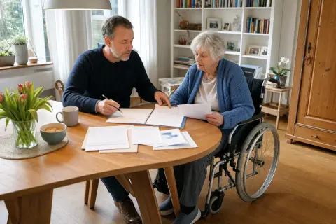 „Familienpflegezeit – Fristen“: Eine pflegende Angehörige prüft Unterlagen zur Vereinbarkeit von Beruf, Absicherung und Pflege.