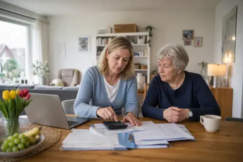 „Familienpflegezeit – Kosten“: Eine pflegende Angehörige prüft Unterlagen zur Vereinbarkeit von Beruf, Absicherung und Pflege.