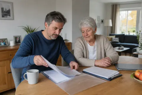 „Familienpflegezeit – Unterlagen“: Eine pflegende Angehörige prüft Unterlagen zur Vereinbarkeit von Beruf, Absicherung und Pflege.