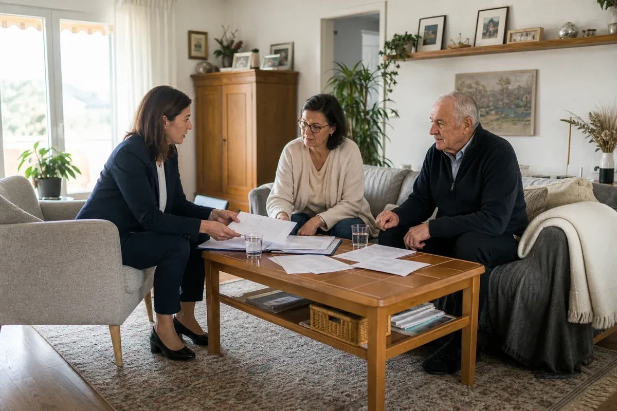 „Familienpflegezeit – Voraussetzungen“: Eine pflegende Angehörige prüft Unterlagen zur Vereinbarkeit von Beruf, Absicherung und Pflege.