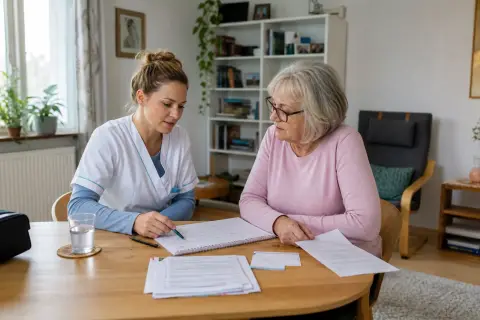 „Häusliche Krankenpflege – Fristen“: Eine Pflegefachperson bespricht mit einer pflegebedürftigen Person die weitere Versorgung nach einer Behandlung.