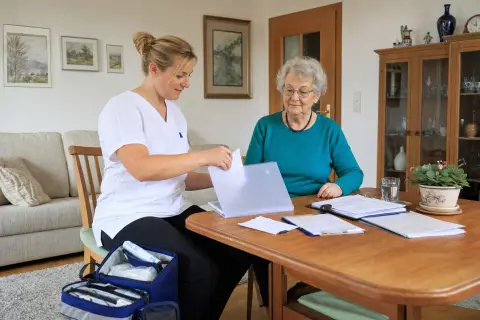 „Häusliche Krankenpflege – Unterlagen“: Eine Pflegefachperson bespricht mit einer pflegebedürftigen Person die weitere Versorgung nach einer Behandlung.